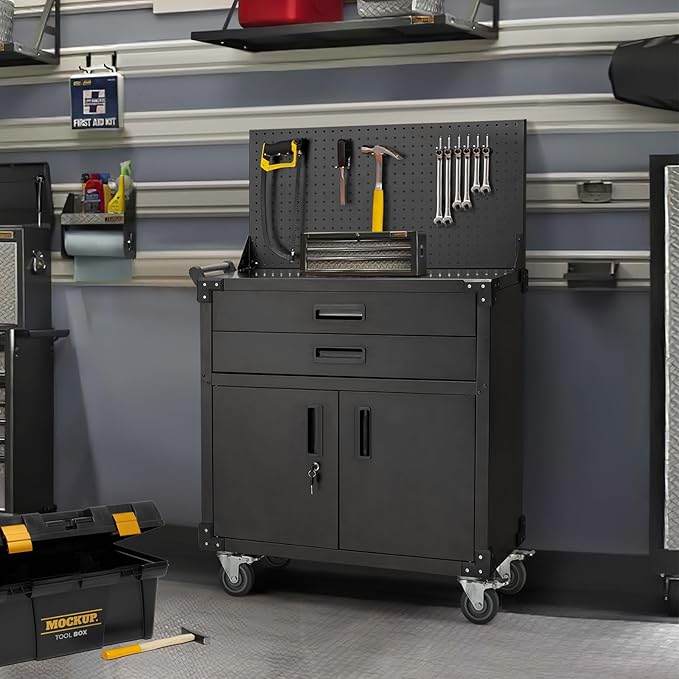 52'' Work Bench for Garage with Pegboard Drawers and Cabinets Heavy Duty Metal Frame Tool Bench for Shop Kitchen Cabinets Organizer Work Table with Wheels