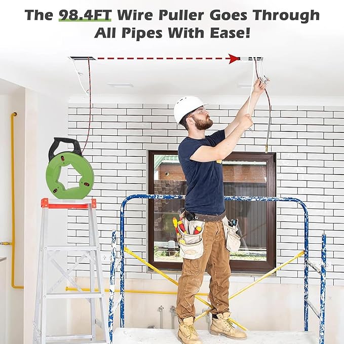 100Ft Fish Tape Wire Puller Through Conduit Thickened Polyester 3 Core Braid Pulling Fish Tape Electrical Fish Tape with Ergonomic Handle Fishtape Wire Pulling Tools with 6 Adapters (4.5mm*30M)
