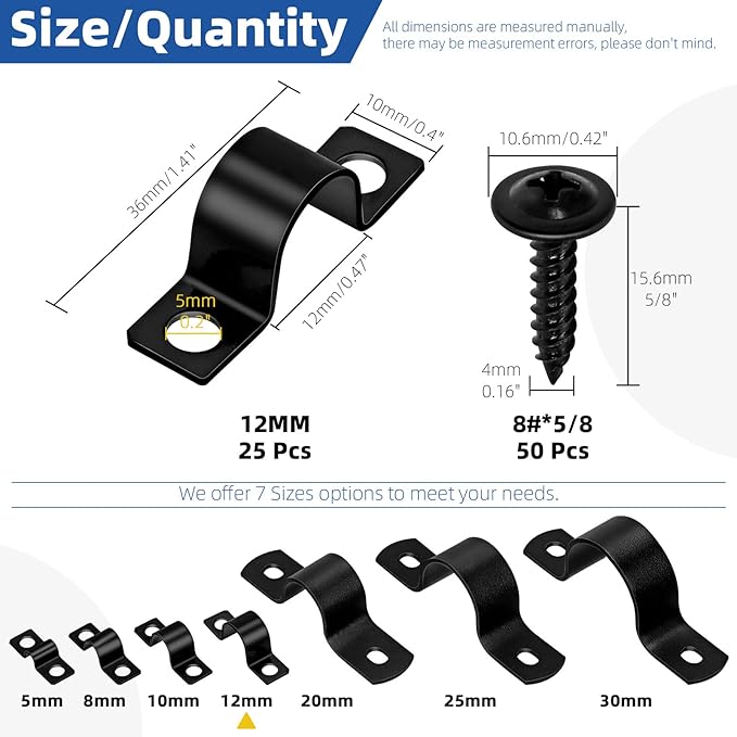 Glarks 75pcs 12mm Pipe Strap Clamp, Black Carbon Steel 2 Hole Strap Heavy Duty Rigid Pipe Strap U Bracket Tube Strap Cable Clamp Hanger Tension Tube Clip with Screw for Pipe Tube Cable Fixing