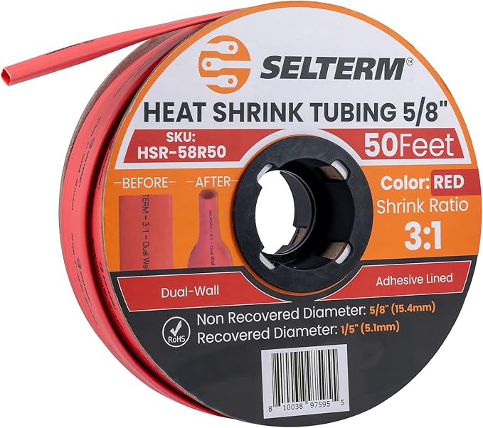 SELTERM 5/8" Red [50 Feet] Marine Grade Heat Shrink Tubing Roll, 3:1 Ratio Dual Wall Adhesive Lined Waterproof Heat Shrink Wrap Tube, for Battery Cable Lugs Wire Terminals Connectors