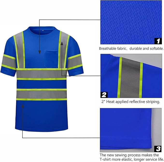 High Visibility Shirts Quick Dry Safety T Shirts with Reflective Strips and Pocket Short Sleeve Mesh Hi Vis Construction Work Class 2 Shirt for Men/Women Blue,Medium
