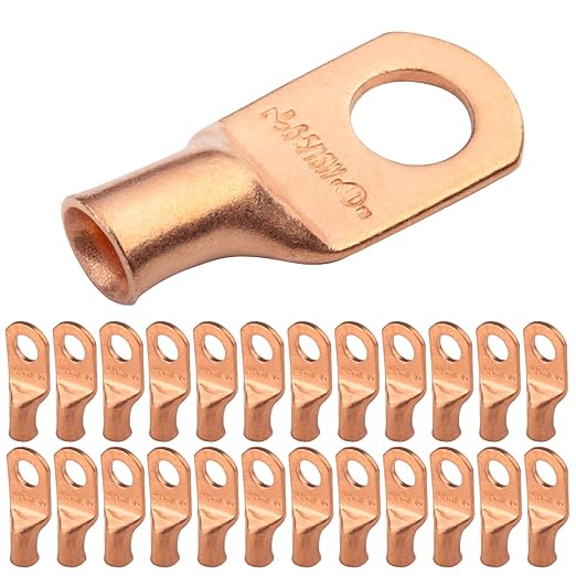 SELTERM 25pcs 6 AWG 5/16" Stud (Wide Pad) Battery Lugs, Ring Terminals, Heavy Duty Copper Wire Lugs, Battery Cable Ends, 6 Gauge Ring Terminal Connectors, UL Bare Copper Eyelets Battery Cable Lugs