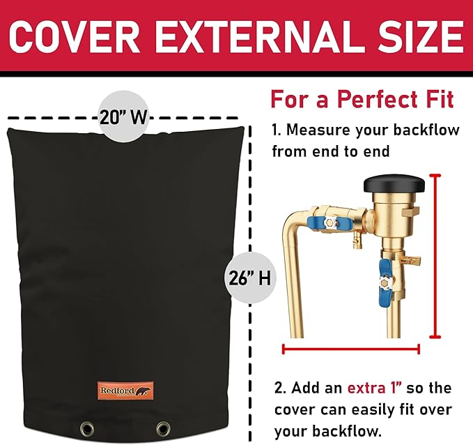 Redford Supply Co. Cold Snap (5°F) Backflow Preventer Insulation Cover, 20"W x 26"H, Pipe Insulation, Water Sprinkler Covers for Outside, Sprinkler Backflow Cover for Winter, Well Pump Bag (Black)