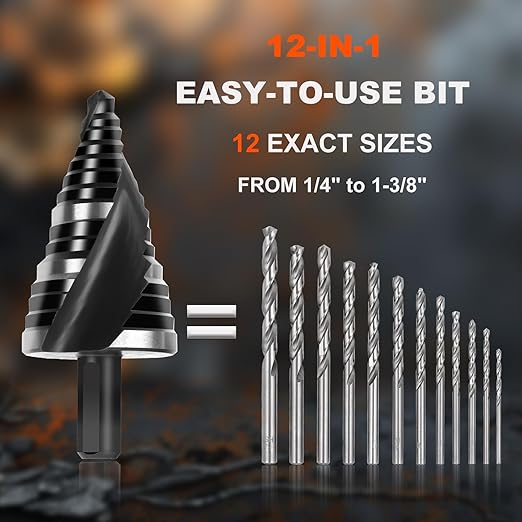 COMOWARE Step Drill Bit, 12 Sizes from 1/4" to 1-3/8", High Speed Steel Step Bit with 2 Spiral Flutes, 3-Flat Shank, Steps Bits for Metal, Aluminum/Wood/Plastic/Iron, Unibit for Electricians & DIY