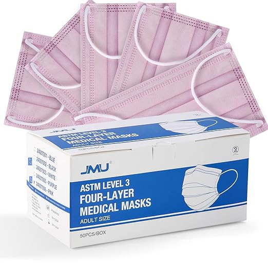 JMU 500 Pcs Disposable Face Medical Masks, 4-Ply Protection ASTM Level 3 Face Masks for Adult, Pink