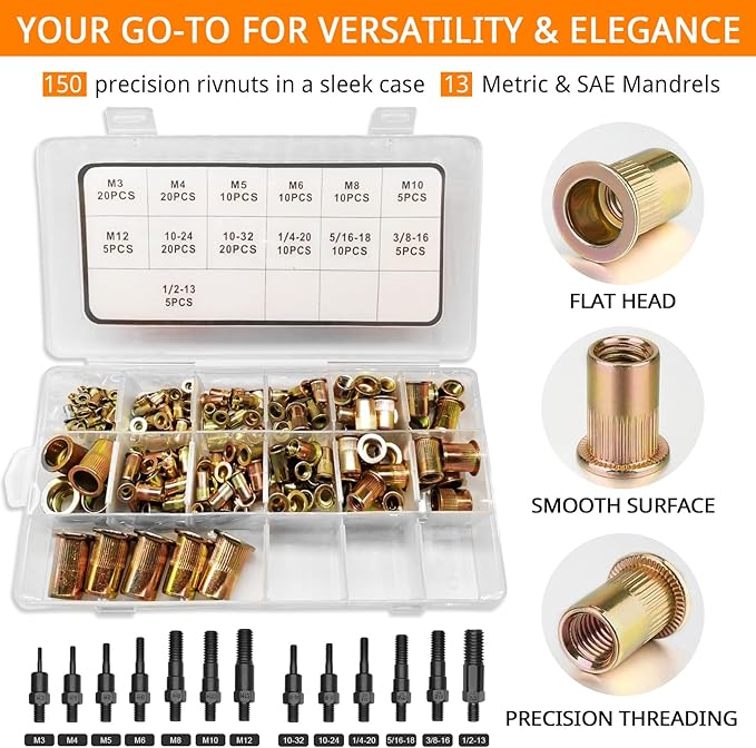 Rivet Nut Tool Kit - FOREVTL 16" Rivnut Tool Kit with 13 Metric and SAE Mandrels, 150 PCS Rivet Nut Assortment Kit, Rugged Carrying Case
