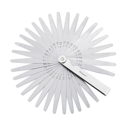 Dasqua 32 Blades Feeler Gauges 0.03-1.00mm Tapered Feeler Gauge Set Stainless Steel Thickness Gauges Dual Marked SAE and Metric Narrow Feeler Gauge for Measuring Gap Width or Thickness
