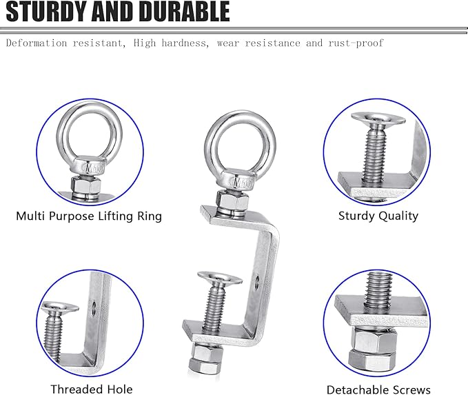 C Clamp – 304 Stainless Steel Beam Clamps with M10 Screw Ring | Adjustable, Rust-Resistant I Beam Clamps for Ring Beams, Welding, Woodworking, Plants & Desk Use. Wide Jaw Openings (55MM)2-Pack