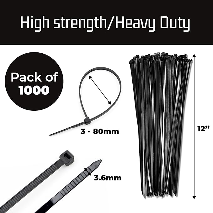 Bolt Dropper 12-Inch Black Zip Ties - 1000-Pack Heavy Duty Wire and Cable Ties - Durable Self-Locking Nylon with 40 lbs Tensile Strength - UV and Temperature Resistant for Indoor and Outdoor Use