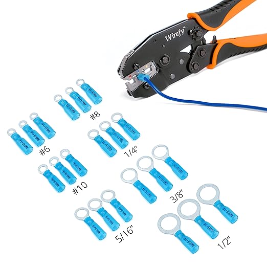 Wirefy 130 PCS Heat Shrink Ring Terminals 3/8" - a Resistant Ring Connectors - Eyelet Wire Connectors - Blue 16-14 AWG