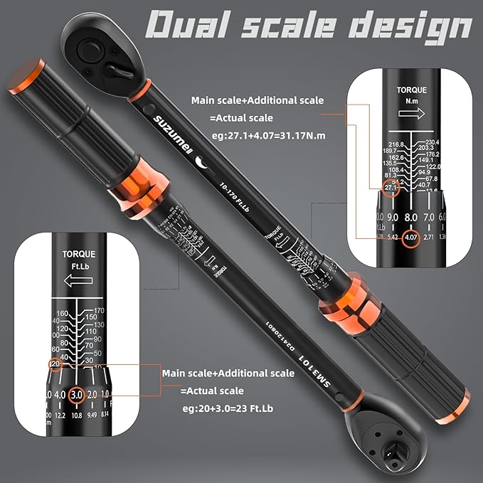SUZUME 3PCS Torque Wrench Set 72 Teeth Dual-Direction Adjustable Torque Wrench Dual-Scales 1/4 & 3/8 & 1/2-Inch ±3% Accuracy Click Torque Wrenches for Bicycle, Motorcycle, Car,Maintenance