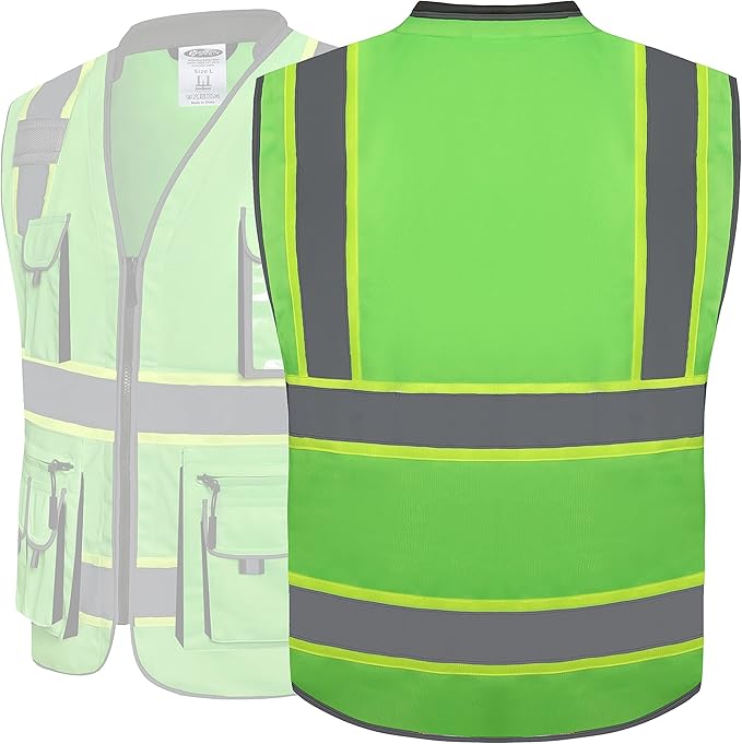 JKSafety 10 Pockets Hi-Vis Zipper Front Fluorescent Green Safety Vest | Cushioned Collar | High Reflective Tapes with Extended Neon Yellow Strips | Meets ANSI/ISEA Standards (4X-Large, 89-Green)