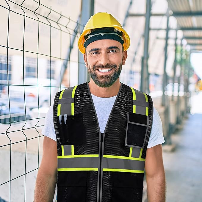 SKSAFETY 10 Pockets Safety Vest, Class 2 High Visibility Security with Zipper Double-sided mesh, Hi Vis Vest with Reflective Strips, ANSI/ISEA Standard, Construction Work Vest （Black, 3XL）