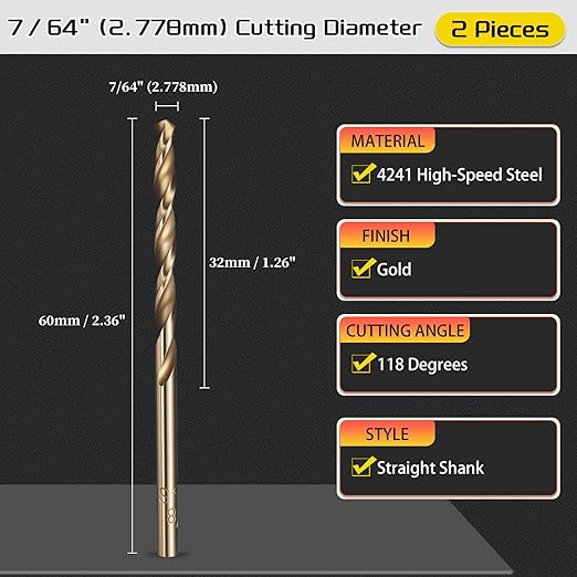 Drill Bit, 7/64" Cutting Diameter (2.778mm), 4241 HSS Gold 118° Cutting Angle Versatile Jobber Bits - (Applications: for Drilling Plastic Wood Soft Thin Metal), 2-Pieces