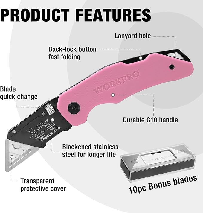 WORKPRO Folding Utility Knife G10 Handle with Stainless Steel Head, Quick-change Blade & Back Lock, Heavy Duty Box Cutter, 1PC Razor Knife with Extra 10PC SK5 Blades