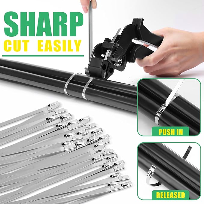 Heavy Duty Stainless Steel Cable Tie Gun Kit with 200PCS 11.8 Inch Self-Locking Metal Zip Ties, Adjustable Tension Cutting Tool for Garden Fence Repair, Automotive & Outdoor Projects (11.8'')
