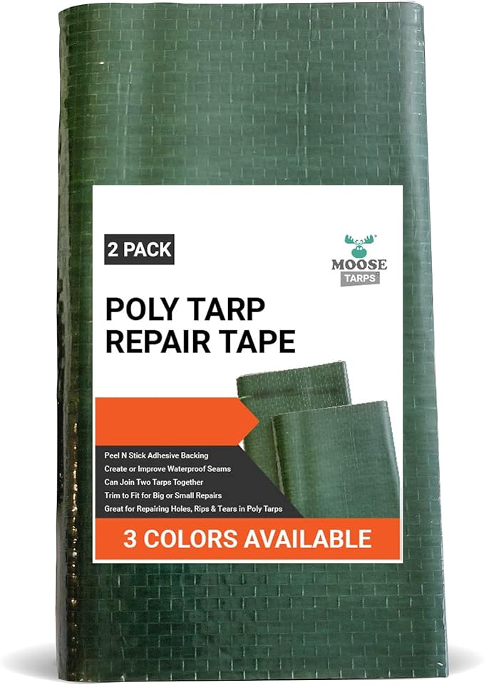 Heavy Duty Tarp Waterproof Poly Repair Tape, UV Resistant, Strong Adhesive Weatherproof Patch Kit, Repairs Holes, Patches, Rips, Tears, Frayed Edges in Tarps, Tents, 2 Pack, Green