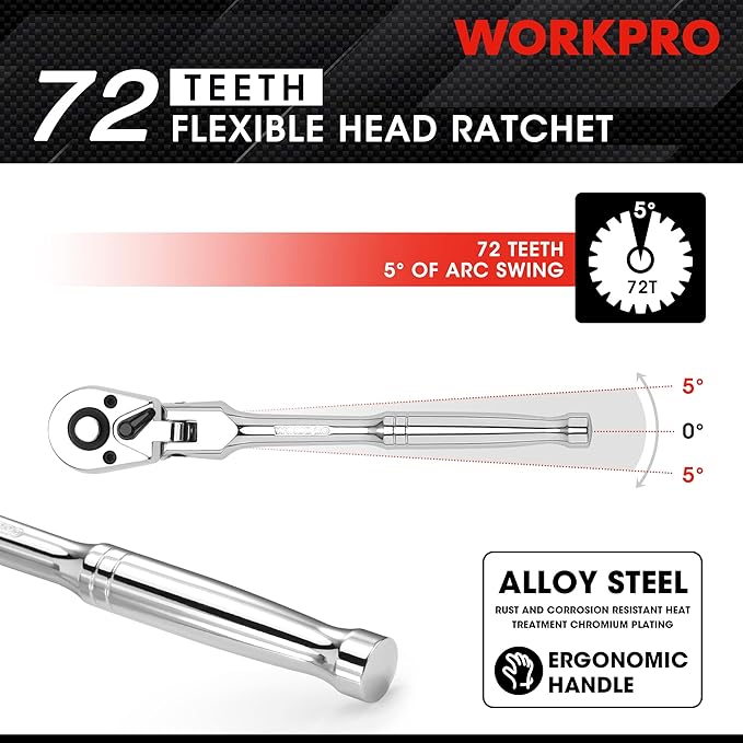 WORKPRO 1/4" Drive Flex Head Ratchet 72-Tooth Ratchet Flex Head with Chromium Plating Quick Release Reversible Design, 5 Degree Swing