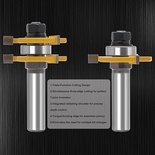 3 Edge T Joint Router Bit, Lock Miter Woodworking Bit for Cabinet, Rabbeting & Tongue & Groove (Router Bit-1/2 Inch -3 Edged T-Shaped)