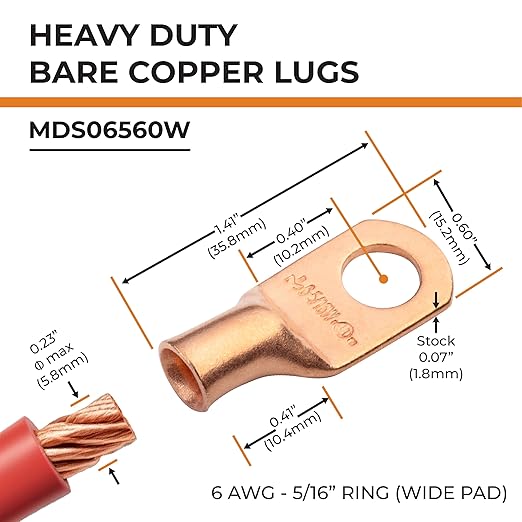 SELTERM 25pcs 6 AWG 5/16" Stud (Wide Pad) Battery Lugs, Ring Terminals, Heavy Duty Copper Wire Lugs, Battery Cable Ends, 6 Gauge Ring Terminal Connectors, UL Bare Copper Eyelets Battery Cable Lugs