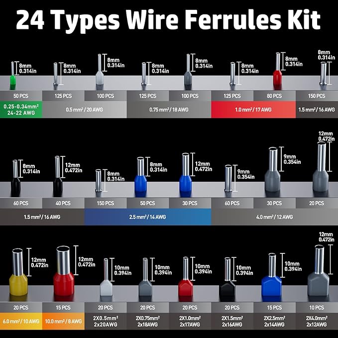PEBA Ferrule Crimping Tool, with 24 Types of Wire Ferrules/Twin Ferrules Connectors and AWG 28-7 Self-Adjusting Crimping Pliers, Wire Stripper | Hexagonal Crimper for Insulated/Uninsulated Ferrules