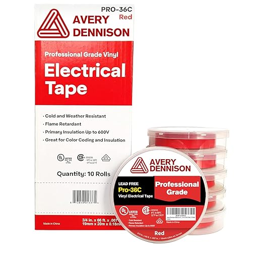 Avery Dennison Electrical Tape, 10 Rolls Professional Grade PVC Electric Tape, UL/CSA Listed ¾ in x 66 ft Insulating Vinyl Tape for Electrical, Repairs, Automotive and Equipment, Pro-36C, Red