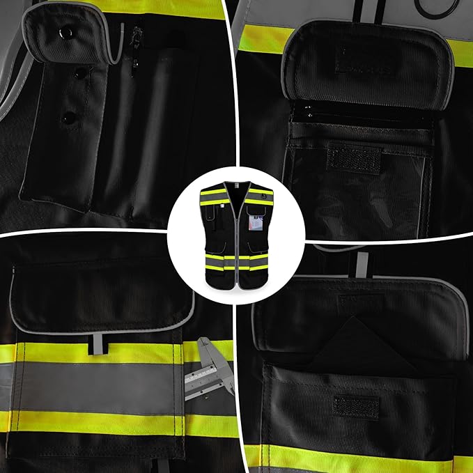 TCCFCCT Black Safety Vest for Men Women 9 Pockets Mesh High Visibility Reflective Vest for Safety, Work Vest with Reflective Strips, Meets ANSI/ISEA Standards, DB-5X-Large