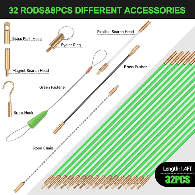 45FT Fiberglass Running Electrical Wire Cable Glow Rods Wire Pulling, Fish Rods Electrical Kit with 8 Different Attachments and Fish Tape Wire Puller Kit