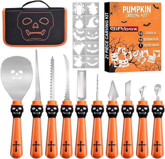 21 Pieces Comfort Grip Pumpkin Carving Kit with Gift Box and Carrying Case Heavy Duty Stainless Steel Pumpkin Carver Tools Pumpkin Sculpting Set and 10 Stencils for Halloween Jack-O-Lanterns (ORANGE)