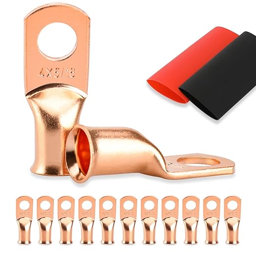 10PCS Battery Cable Ends, 4 Gauge Wire Connectors 5/16 Copper Wire Lugs, Bare Copper Eyelets with Heat Shrink Tubing by HOUSUN