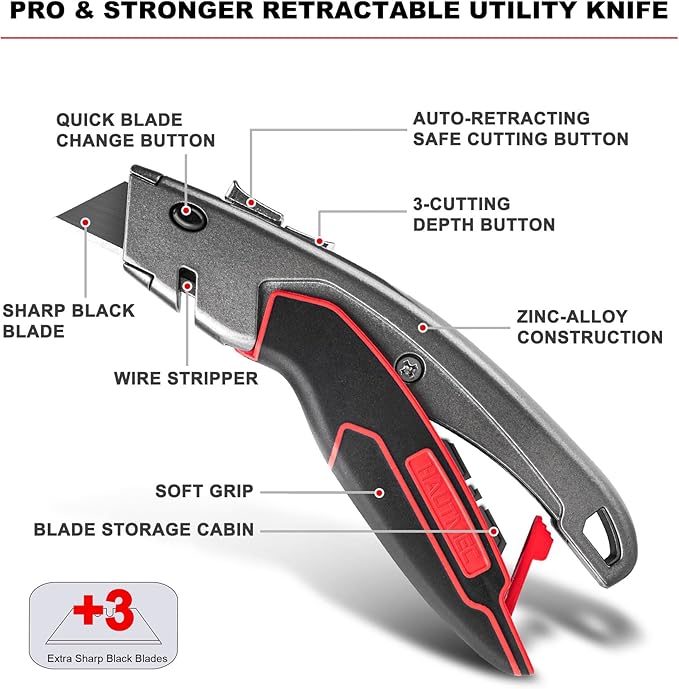 HAUTMEC Heavy-Duty Utility Knife, Safety Box Cutter with Auto-Retracting & 3-Position Locking Dual-System, Built-In Wire Stripper, Blade Storage and 3 Ultra-sharp SK4 Blades – HT0311