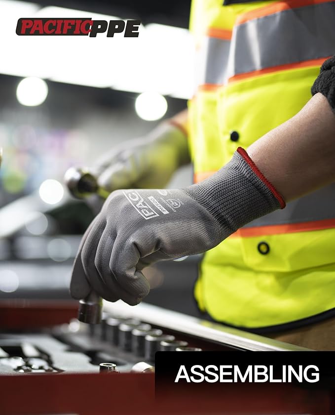 PACIFIC PPE Work Gloves for Men and Women, 18 Pairs Bulk Pack Mechanic Touchscreen Working Gloves, PU Coated, Mens Gardening Gloves, Lightweight, Grey, Large