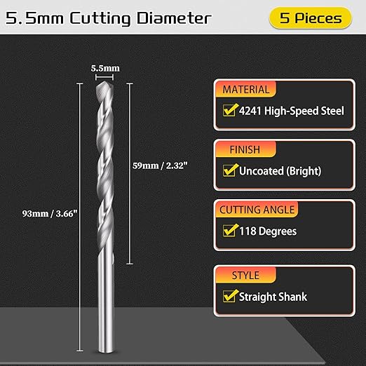 Drill Bit, 5.5mm Cutting Diameter, 4241 HSS 118° Cutting Angle Uncoated Bright Versatile Jobber Bits - (Applications: for Drilling Plastic Wood Soft Metal), 5-Pieces