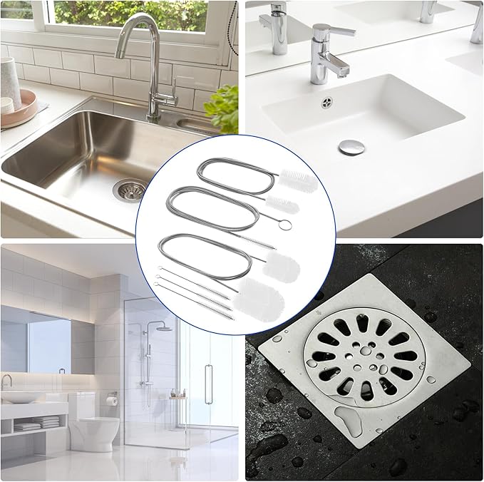 6Pcs Flexible Drain Brush 78 Inch Pipe Cleaning Brush 63 Inch drain cleaner brush 59 Inch Hose Brush and 3 Pcs 9 Inch Straw Cleaner Brush for straws Kitchen Sink Plumbing and Shower Drain Tube (White)