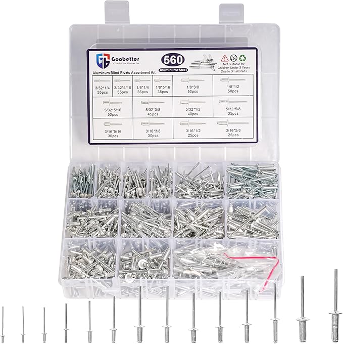 560 Pcs 14 Sizes Pop Rivets Assortment Kit, Aluminum Rivets, 3/32" 1/8" 5/32" 3/16" 1/4" Blind Rivets for Metal, Dome Head rivet kit(Silver)