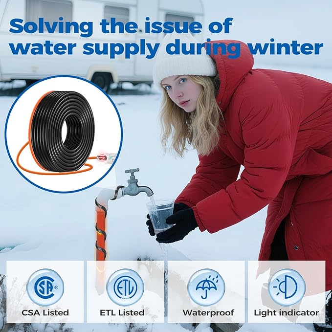 5W/FT 120V Pipe Heat Tape 6FT (3FT-200FT) - Freeze Protection Heating Cable for Metal/Plastic Water Pipes, Maintains Flow at -40°F