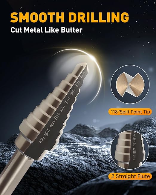 COMOWARE Step Drill Bit Set & Automatic Center Punch- Black and Gold, Double Cutting Blades, High Speed Steel, Short Length Drill Bits Set of 5 pcs, Total 50 Sizes with Aluminum Case