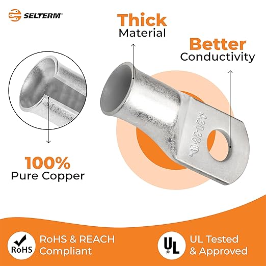 SELTERM 25pcs 3/0 AWG 3/8" Stud Marine Grade Tinned Copper Battery Cable Lugs, 000 Gauge Ring Terminals, UL Wire Lugs Electrical Battery Cable Ends, Tinned Copper Lugs Battery Terminal Connectors