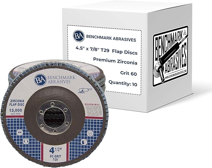 Benchmark Abrasives 4.5" x 7/8" Premium Zirconia T29 Angled Flap Discs 4 1/2 for Angle Grinder, Sanding Discs, Finishing, Rust, Stock Removal- Grinding Wheels 4 1/2 Inch (10 Pack) - 60 Grit