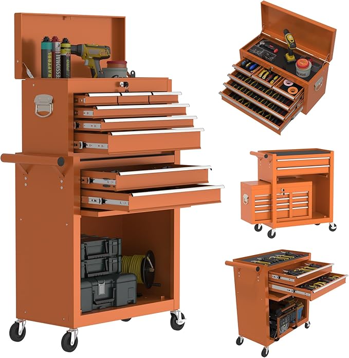 8-Drawers Large Tool Chest, 2-in-1 Detachable Garage Rolling Tool Box Metal Tool Storage Cabinet Removable Lockable Tool Cart with Wheels and Drawers