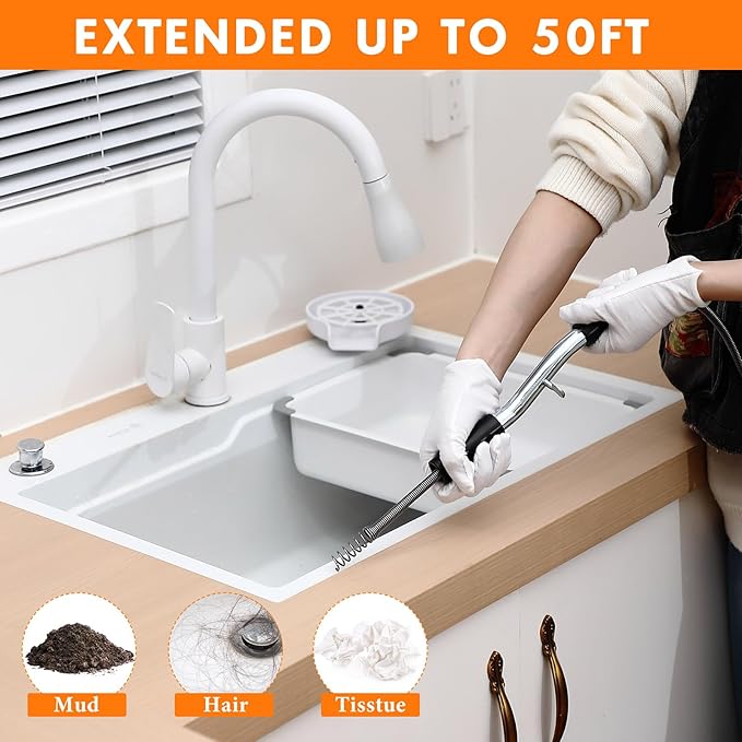 50 ft Drain Auger Plumbing Snake for Heavy Deep Blockages 3/8" Diameter Flexible Plumbing Cables Drain Snake for Kitchen Bathroom Shower Sink Cleaning Drainage Clogs