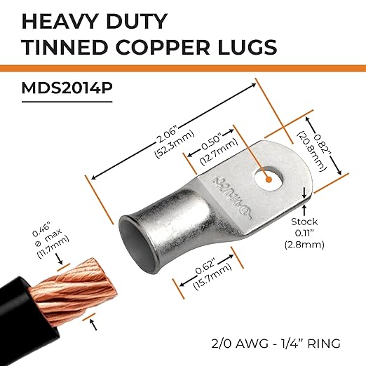 SELTERM 5pcs 2/0 AWG 1/4" Stud Tinned Copper Wire Lugs, Battery Lugs, Ring Terminals, Battery Cable Ends, 00 Gauge Ring Terminal Connectors, UL Marine Grade Electrical Battery Terminal Connectors