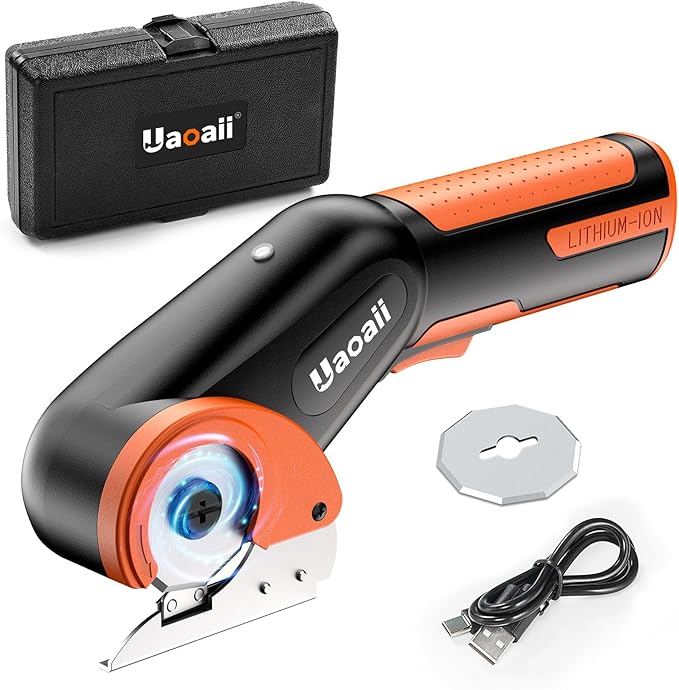 Cordless Electric Scissors, Electric Cardboard Box Rotary Cutter w/Replacement Blade & Storage Case, Safety Button, Power Carpet Cutter for Thin Cardboard Carpet Leather