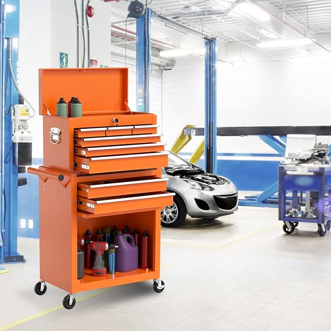 8-Drawer High Capacity Rolling Tool Chest, Removable Cabinet Storage Tool Box with Wheels and Drawers, Detachable Toolbox with Lock for Workshop Mechanics Garage（Orange）