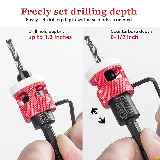 5 Pcs Hex Shank Countersink Drill Bit Set with Low Friction Depth Stop, 1/8" 9/64" 5/32" Drill+3/8” 82° Counter-Bore,11/64" 3/16" Drill+ 1/2" 82° Counter Bore,HSS M2 Tapered Bits