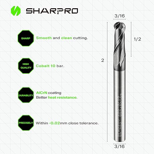 Carbide Ball Nose End Mills 2 Flute 3/16 Inch SHK. and Cutting Dia. 3D Carving, High-Speed and Deep Cutting, AlCrN Coated, Apply for Alloy Steel, Stainless Steel and Various Cast Iron. (3PCS)