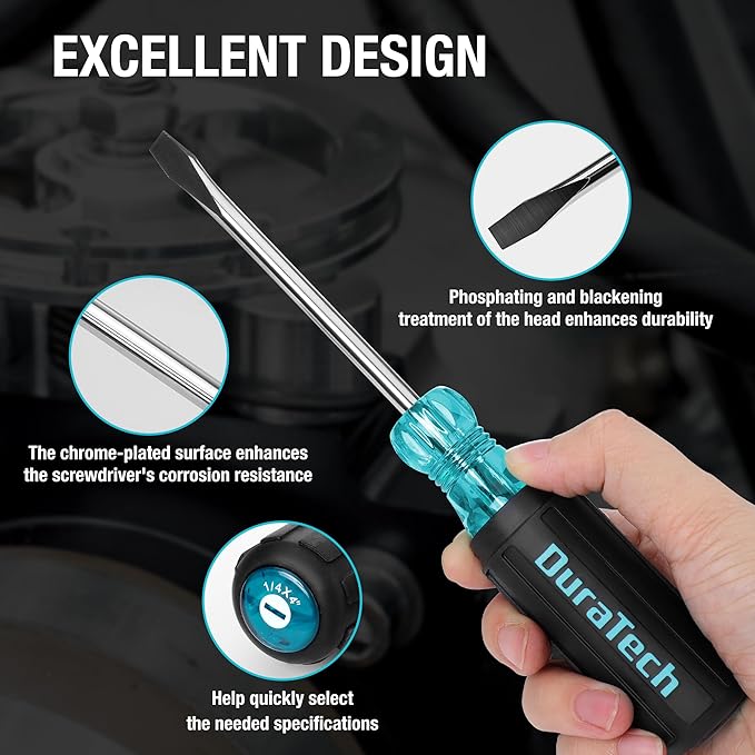 DURATECH 2-Piece S2 Steel Screwdriver Set, Professional Screwdrivers with Non-Slip Cushion Grip & Marked Specifications, Phillips and Flathead Screw Driver, Hand Tool for Home and Industrial Use