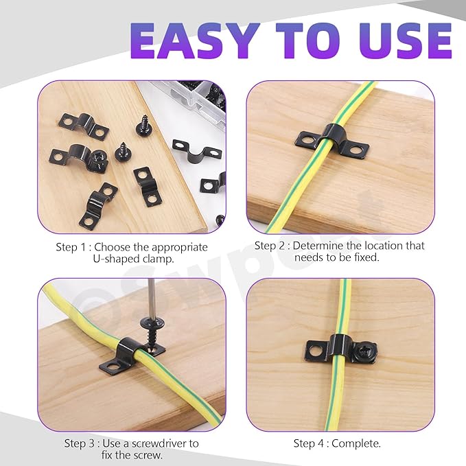 Swpeet 25Pcs 10mm Two Hole U Bracket Clamp with 50Pcs Self-tapping Screws Kit, U-Clamps, Metal Pipe Clamps, Pipe Strap Clamps, Conduit Tension Clips for Fixing Pipe or Cable