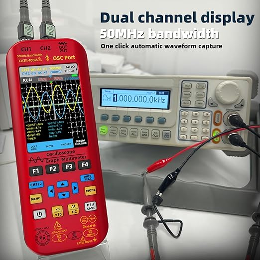 BSIDE 2 Channel Digital Handheld Oscilloscope 50MHz 3.98TFT Oscilloscope Multimeter Signal Generator 3 in 1 Portable Lab Oscilloscope Supports Flexible Coils 20000 Count 250MSa/s Automotive Tester