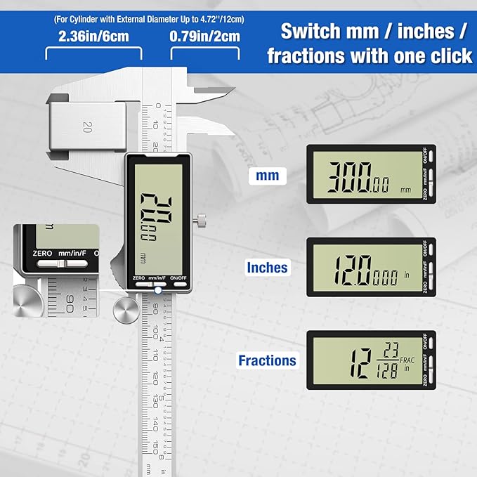 Digital Caliper 12 Inch with Large LCD Screen, Inch/MM/Fraction Conversion, 300mm Micrometer Caliper All Stainless Steel Diameter Measuring Tool for Jewelers/Woodworkers/DIY